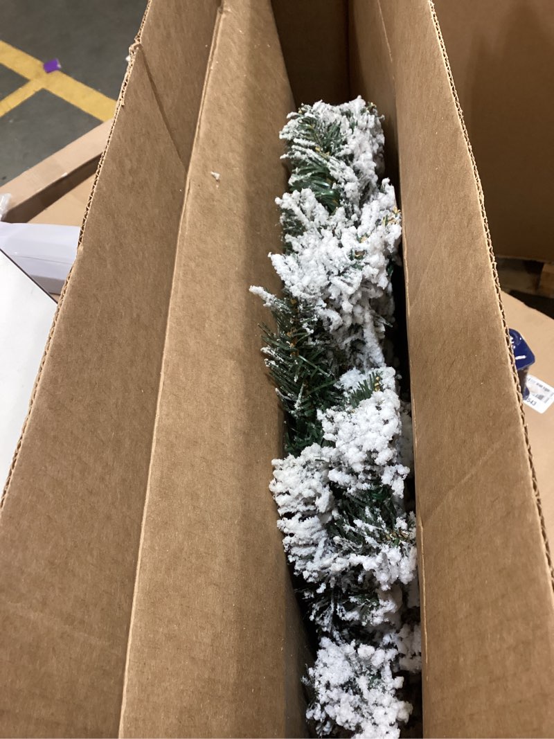 Condition photo showing As Is for Flocked Christmas Wreath with Lights,24 Inch Artificial Pre-Lit Christmas Wreaths for Front Door, Porch, Entryway, Outdoor Holiday Decorations, with Snow Flocked Snow Flocked 24 Inch