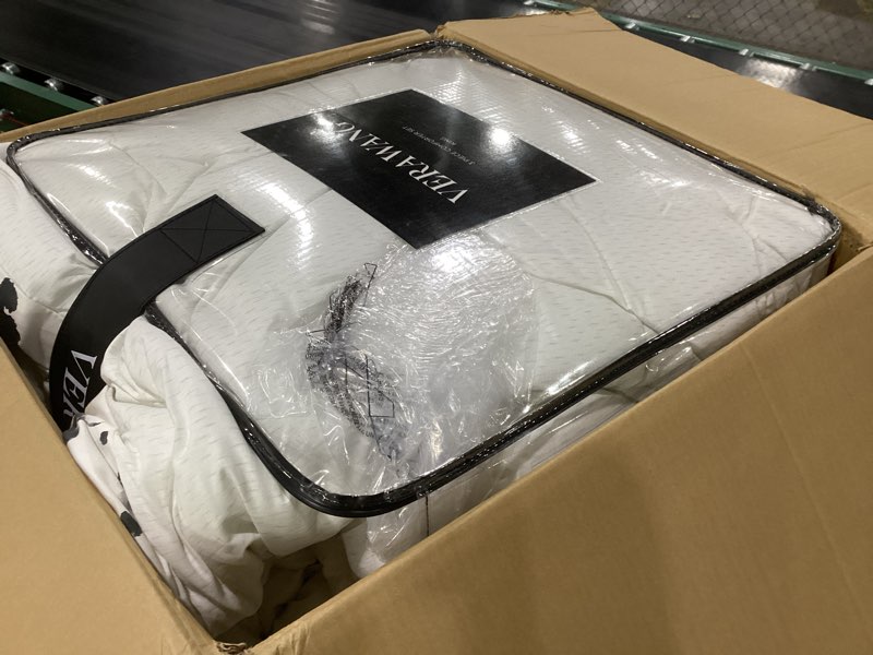 Condition photo showing Good Condition for vera wang - king comforter set, reversible floral bedding with a naturally soft feel, 3 piece bed set with matching pillowcases (noir bouquet/ikat line grey) king noir bouquet/ikat line grey