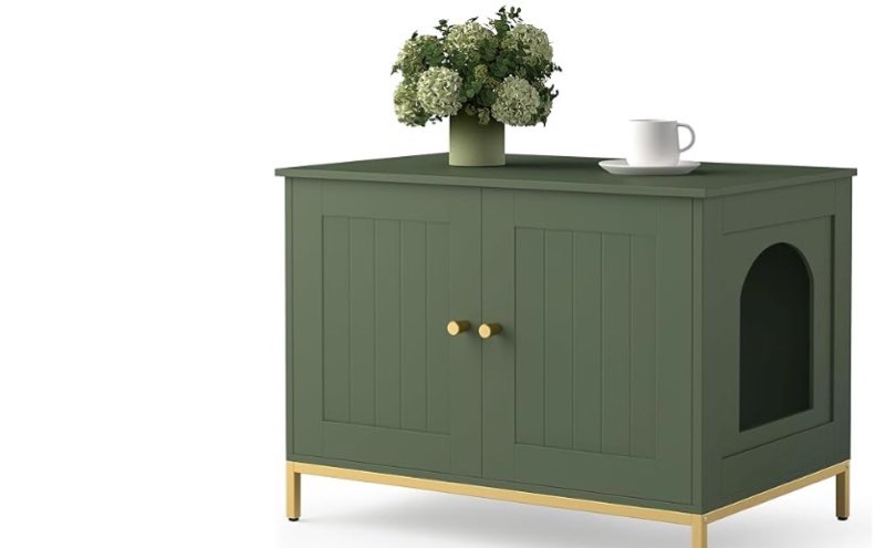 Homhedy Cat Litter Box Enclosure, Litter Box Furniture Hidden with Metal Frame, Cat Washroom Furniture, Cat House, Fit Most of Litter Box, Modern Style, Black and Gold