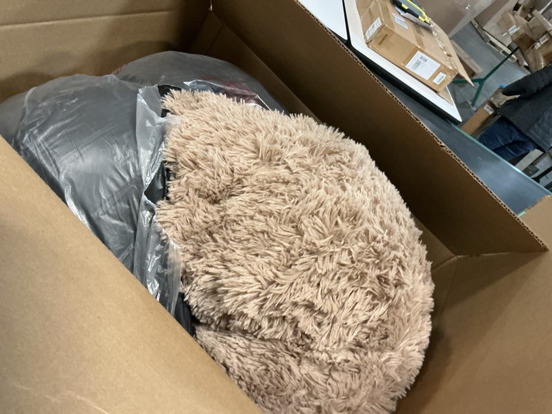 Condition photo showing As Is for FluffyDream 24\" Round Donut Washable Dog & Cat Bed in Shag Fur, Calming Dog Bed, Brown