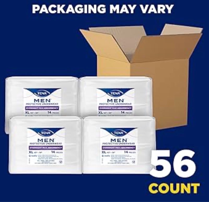TENA Men Protective Incontinence Underwear Overnight Max Absorbency, L, 56 Count (Waist Size 34in-44in)