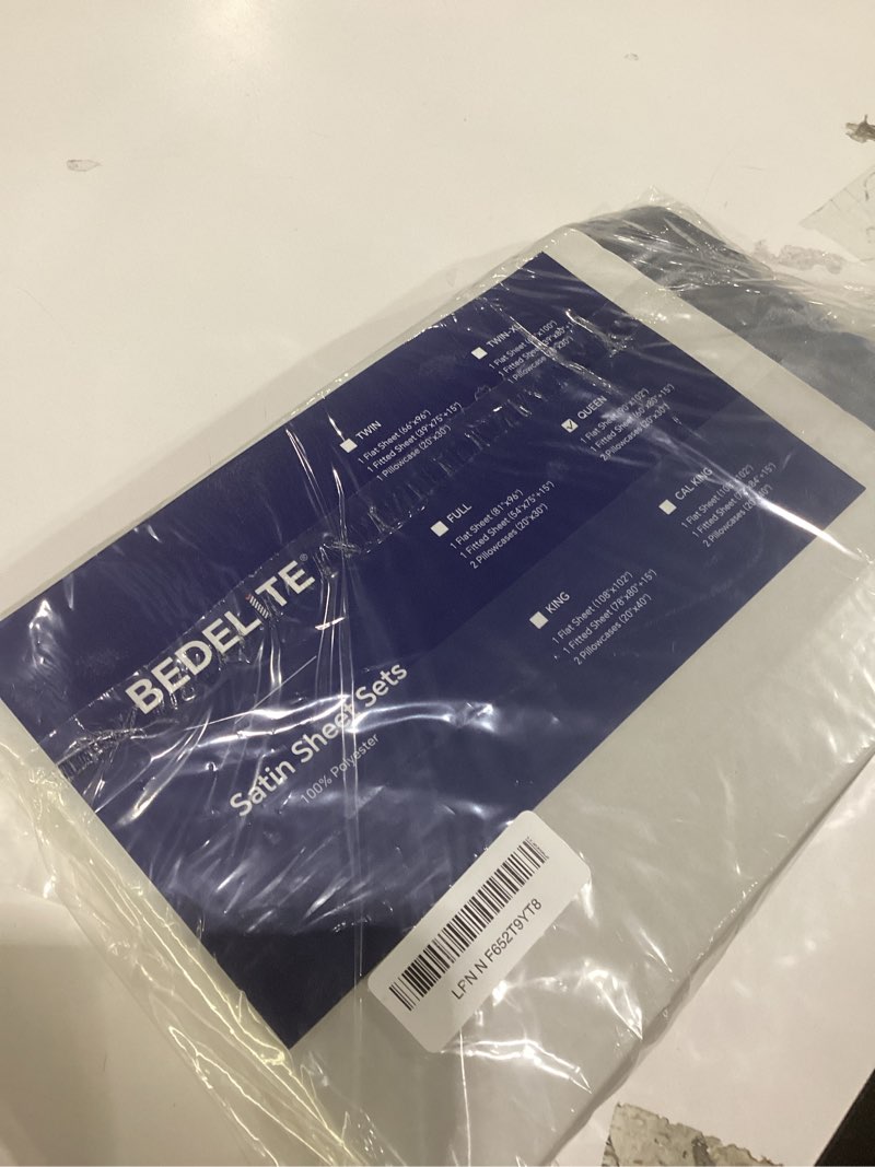 Condition photo showing Good Condition for bedelite satin sheets queen size bed set, luxury soft dark grey silky sheets for hair and skin, similar to silk bed sheets set 4 pieces with 1 deep pocket fitted sheet, 1 flat sheet, and 2 pillowcases dark grey queen