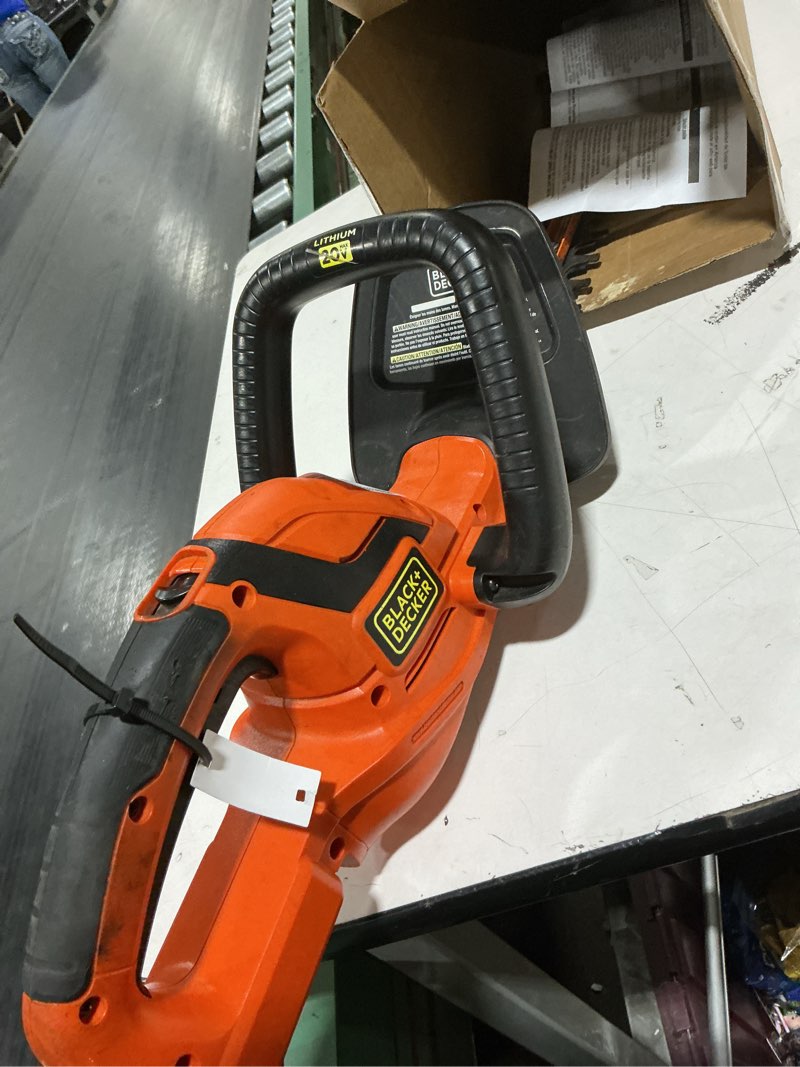 Condition photo showing As Is for black+decker 20v max cordless hedge trimmer, battery and charger included, 22 inch steel blade lightweight bush trimmer, soft grip, less vibration (lht2220)