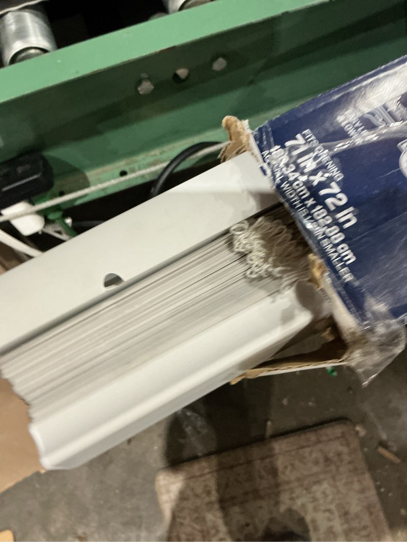 Condition photo showing As Is for project source 1-in slat width 71-in x 72-in cordless white vinyl light filtering mini-blinds