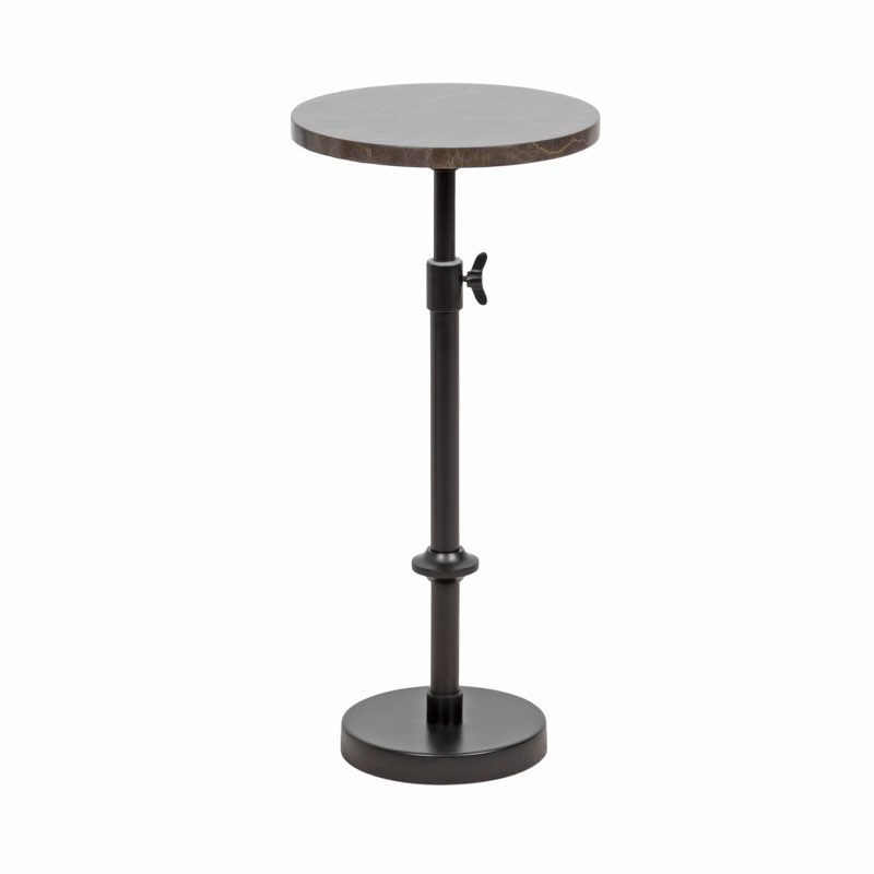 Kate and Laurel Engles Traditional Adjustable-Height Pedestal Drink Table, 10 x 10 x 30, Dark Emperador Marble and Black, Round Metal Mini Table for Indoor Plant Stand with Authentic Stone Tabletop