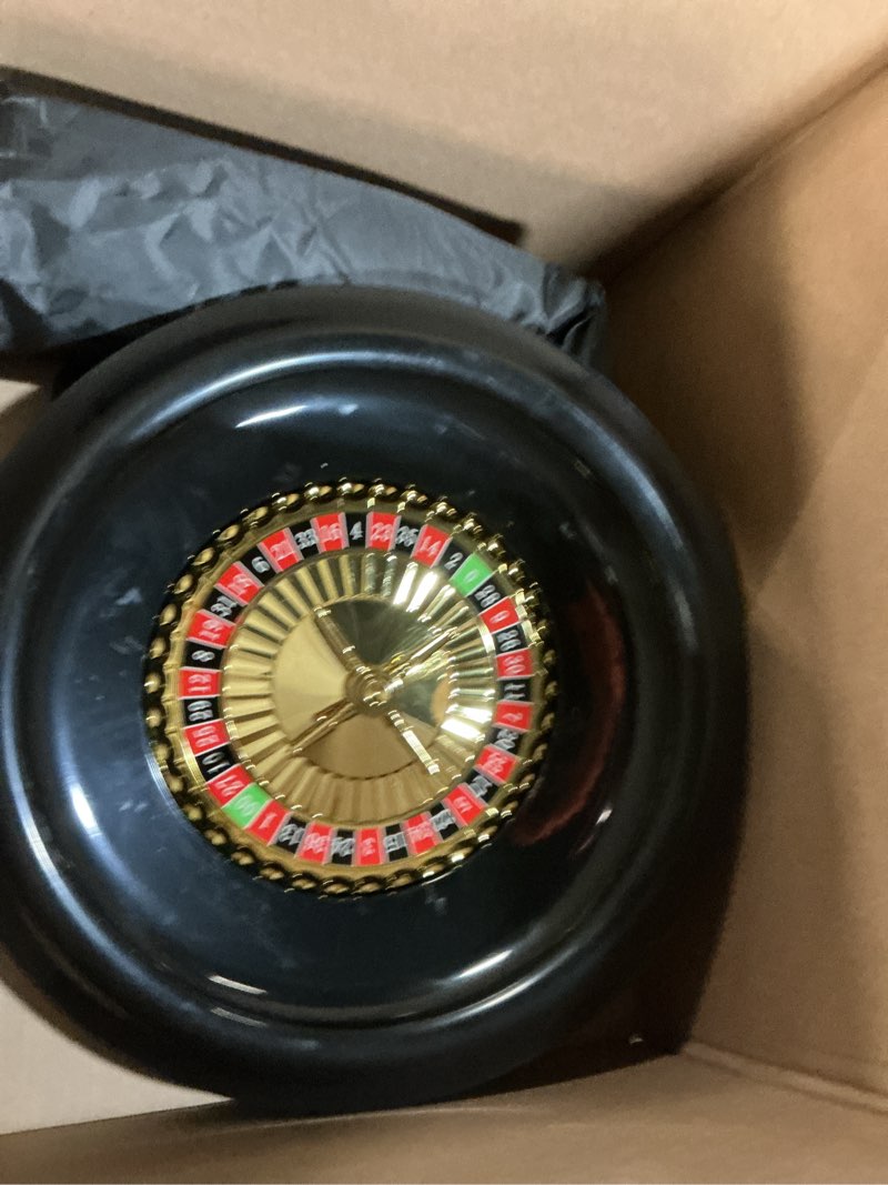Condition photo showing Good Condition for roulette wheel game set include 16'' black roulette wheel 35" x 16" rubber tabletop layout mat, 100 chips dealer button win marker casino game sets gift ideas(black)