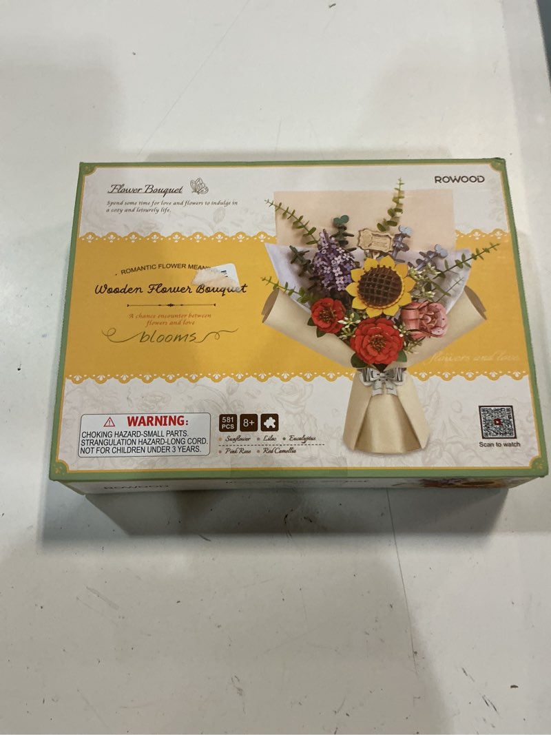Condition photo showing New/Like New for robotime forever flowers bouquet, wooden flower bouquet building kit tw01h, sunflower/red camellia/pink rose/lilac gift for mom/wife