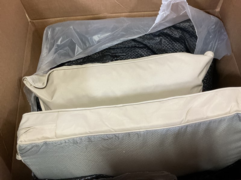 Condition photo showing Good Condition for 22x22 inch patio chair cushions set of 2, outdoor furniture cushions - removable cover, water-repellent, fade-resistant, non-slip bottom & straps, replacement for lawn, porch & deck chair - cream cream 2 pack | 22''x22''