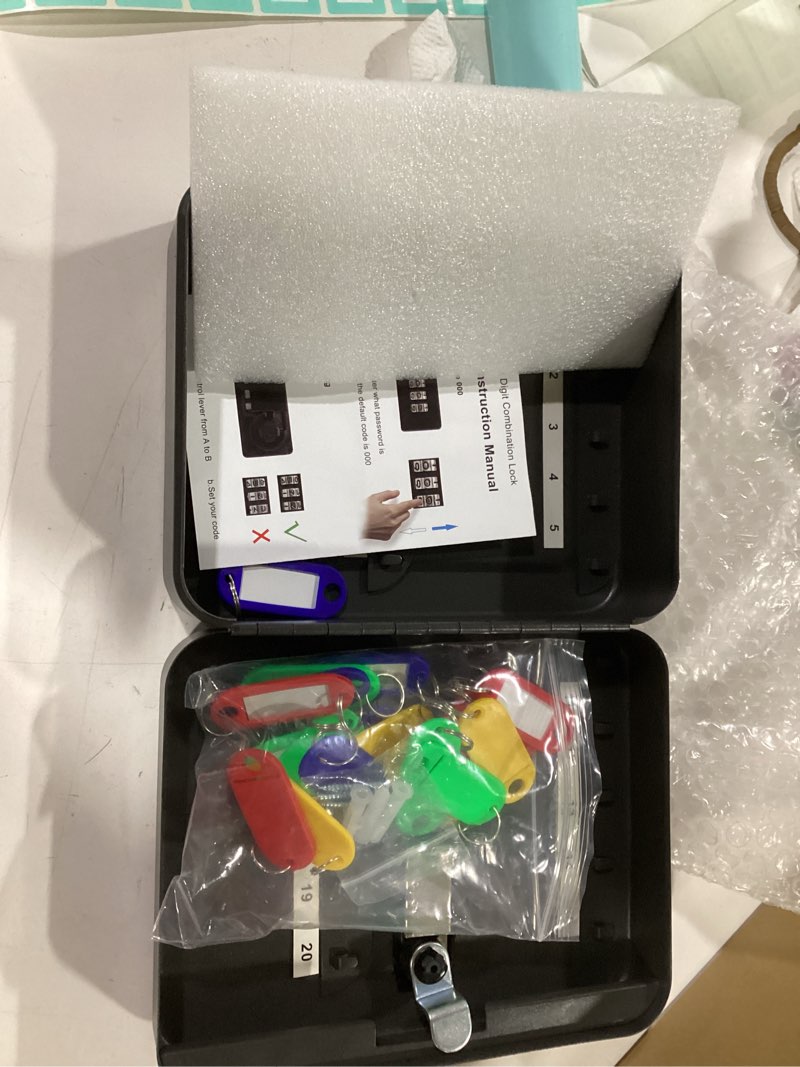 Condition photo showing New/Like New for uniclife 20 position key cabinet with combination lock resettable black digital security storage box steel key organizer with colorful key tag labels stickers and hooks black 20 keys