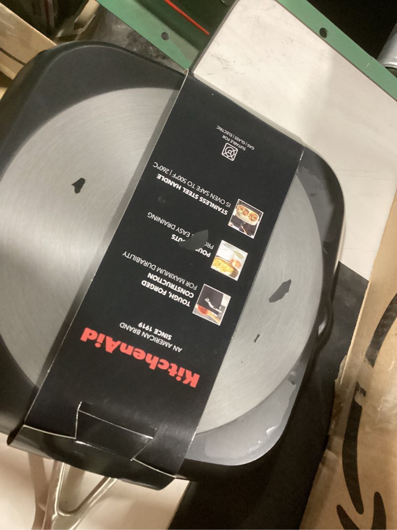 Condition photo showing As Is for (outside finish is flaking off) kitchenaid hard anodized ceramic nonstick grill pan/griddle, square, 11.25 inch - matte black
