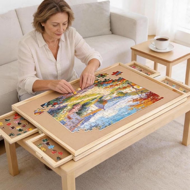 BuilderButler 1000 Pieces Rotating Puzzle Board with 4 Draw Portable Wooden Jigsaw Puzzle Table with Lazy Susan Spinning Cover for Adults
