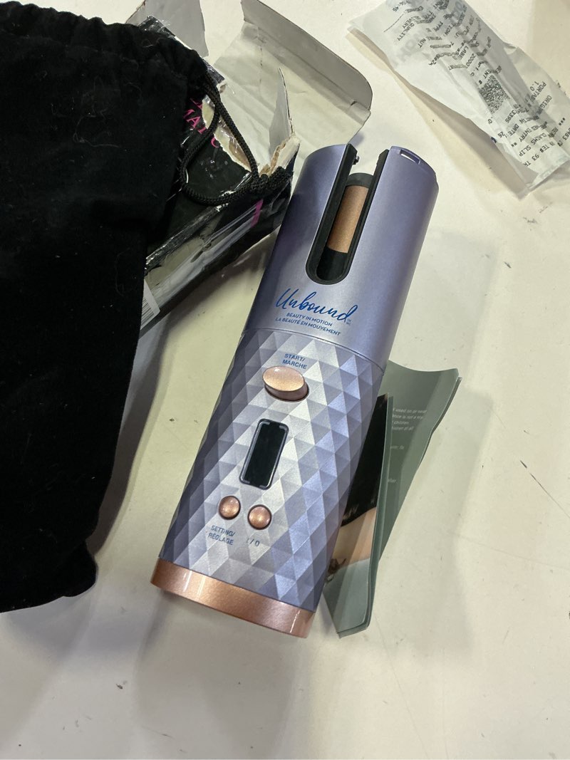 Condition photo showing As Is for automatic curling iron, emlimny cordless hair curlers with adjustable temps & timers, ceramic barrel auto wave wand, portable rotating curling wand hair styling tool for travel