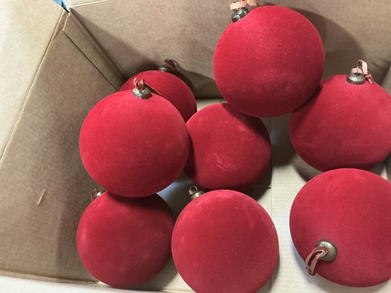 Condition photo showing As Is for Burgundy Red 3.2" Flocked Christmas Ball Ornaments (Set of 8), Holiday Party Decor