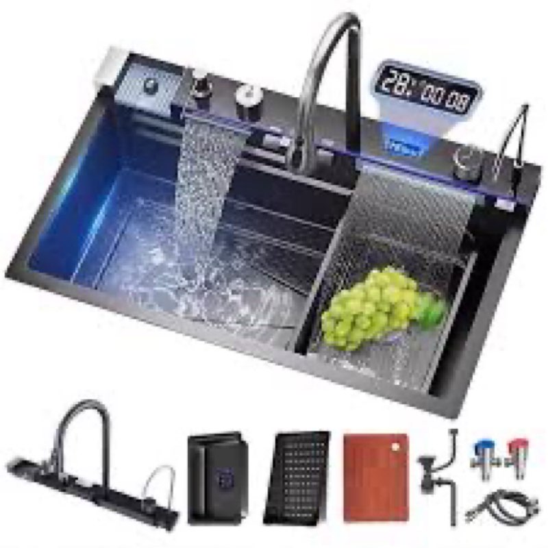 FIVIXIL Kitchen sink double waterfall sink with LED display with cup washer, soap dispenser, waterfa