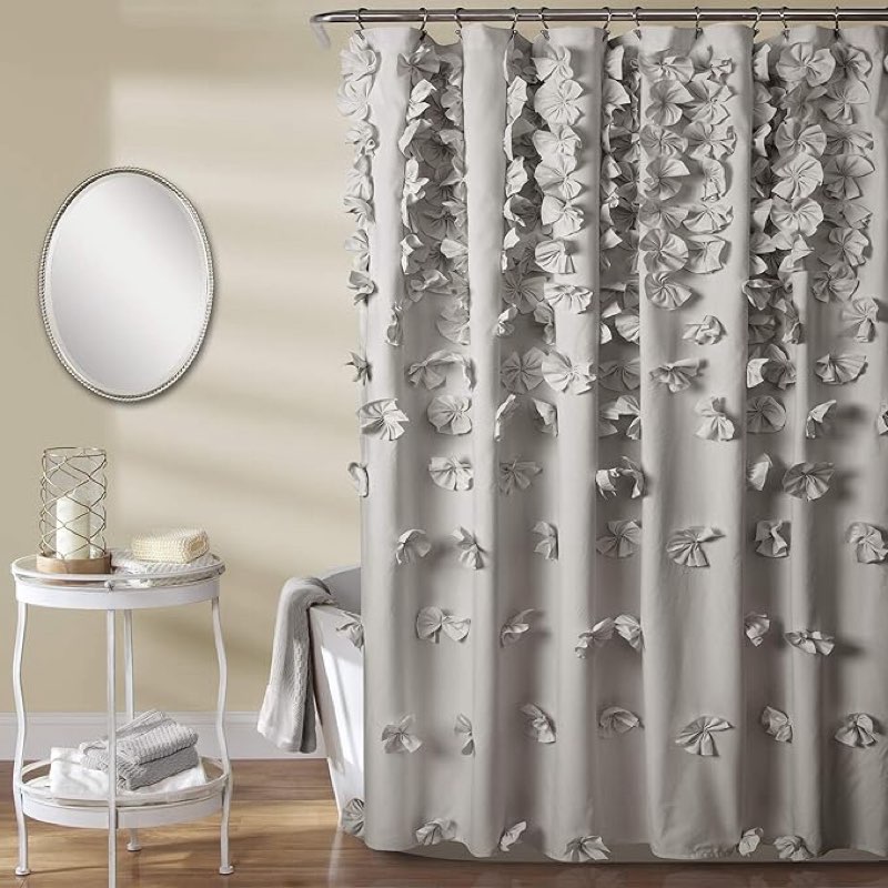 Lush Decor Riley Shower Curtain, 72" W x 72" L, Light Gray - Bathroom Curtain - Coquette Decor - Bow