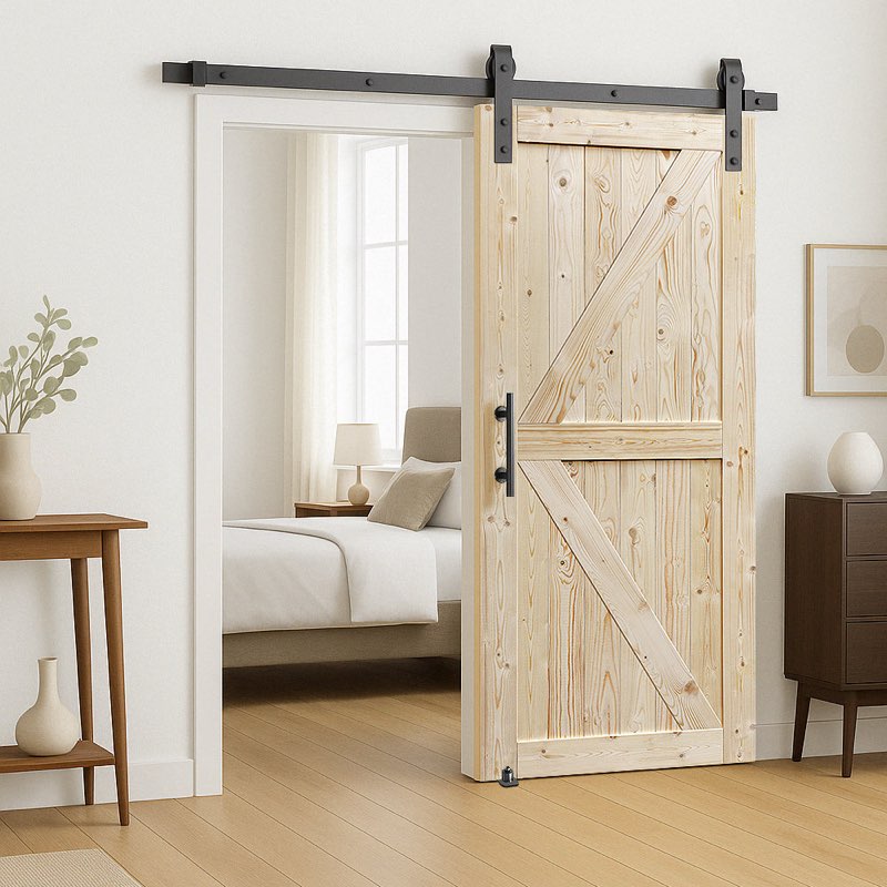 solid wood paneled barn door with installation hardware kit