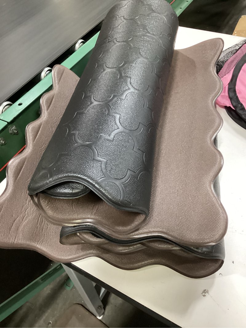 Condition photo showing Good Condition for upgrade scalloped embossed kitchen mats for floor 2pcs cushioned anti fatigue waterproof foam kitchen rugs non slip washable comfort standing mat for office sink laundry, black basic solid- black 17.3"x30"+17.3"x47"