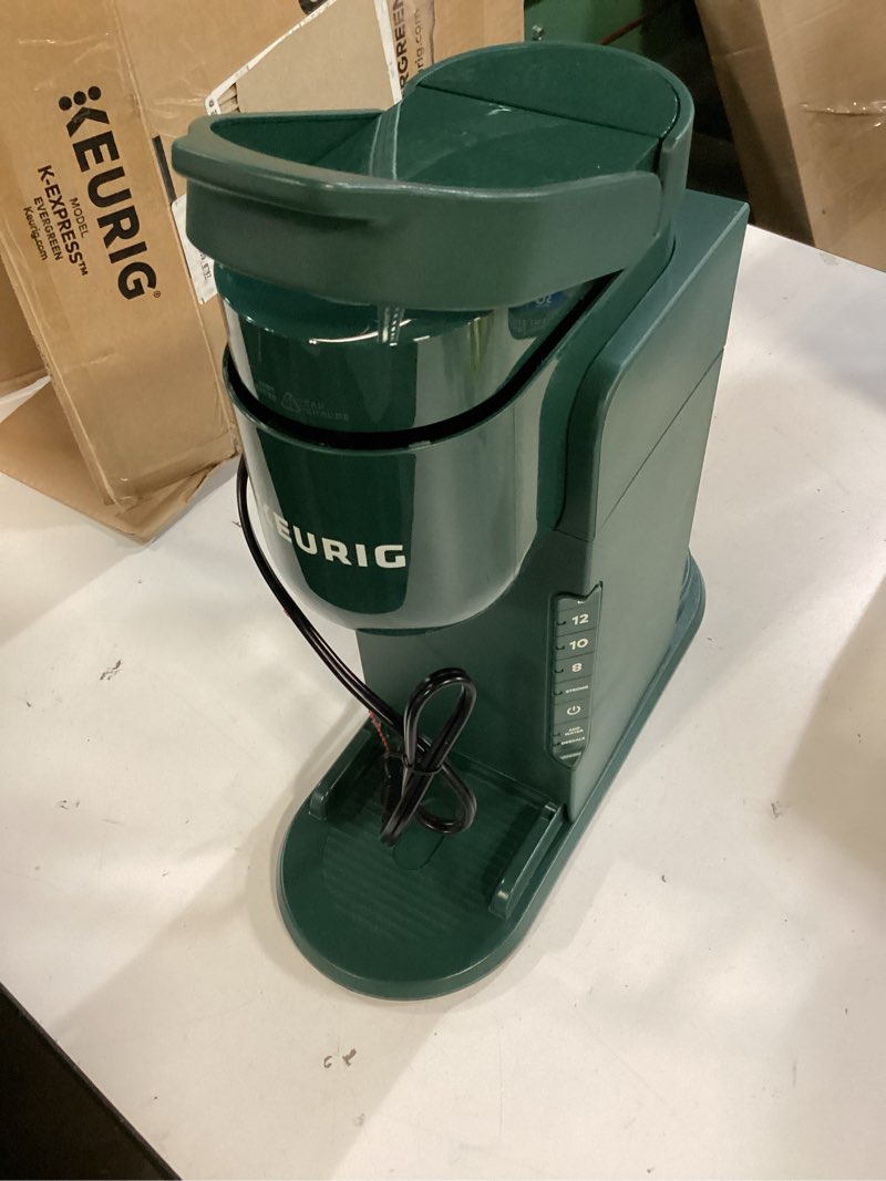 Condition photo showing As Is for Keurig K-Express Single Serve Coffee Maker – Strong Brew Option, 42oz Reservoir, Sleek Design for Holiday Hosting & Gifting, Evergreen