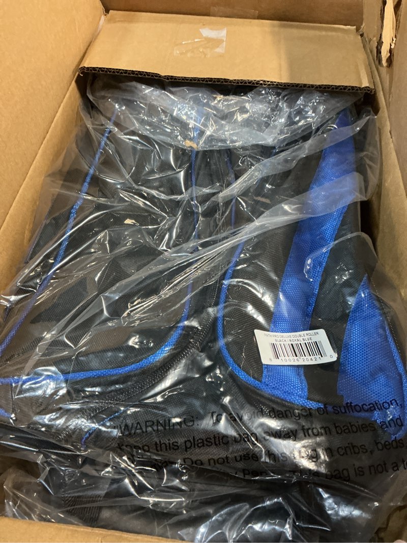 Condition photo showing New/Like New for pyramid deluxe double roller 2 ball bowling bag with large separate shoe compartment (up to 2 pairs of shoes) and accessory pockets, sturdy square handle - extends to 40" - pro options available