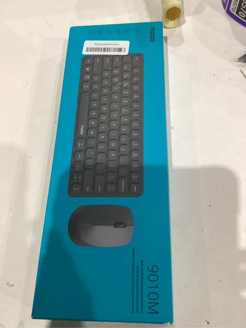 Condition photo showing As Is for rapoo 9010m multi-device keyboard and mouse combo, 2.4ghz/bluetooth 5.0/4.0 wireless keyboard & mouse set for windows/mac/linux/chrome, support 4 devices, low-profile silent click, battery powered black 9010m