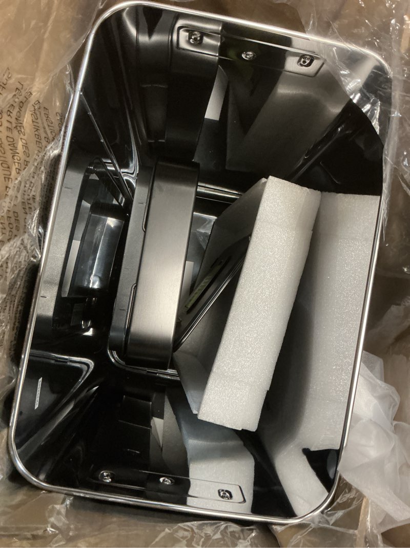 Condition photo showing As Is for eko deluxe mirage-t 50 liter / 13.2 gallon touchless rectangular motion sensor trash can, matte black stainless steel finish deluxe 50l - matte black