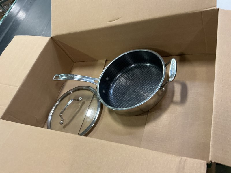 Condition photo showing As Is for HexClad Hybrid Nonstick 8-Inch Frying Pan with Tempered Glass Lid, Stay-Cool Handle, Dishwasher-Friendly, Oven-Safe Up to 900°F, Induction Ready, Compatible with All Cooktops