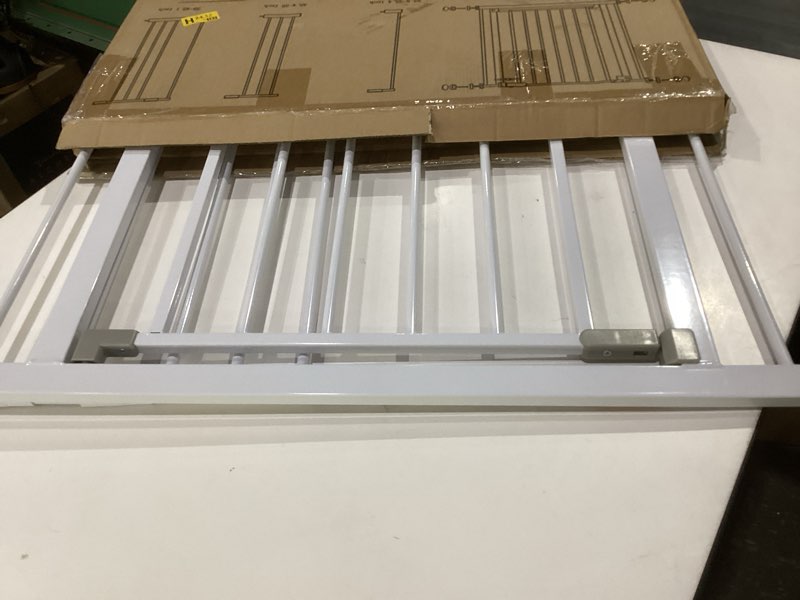 Condition photo showing As Is for innotruth 28.9-42.1" wide baby gate for stairs & doorways, 30" tall pressure mounted dog gates for stairs expandable one-hand open, easy step walk through dual lock metal pet gates for dogs, white white 28.9-42.1" w x 30" h