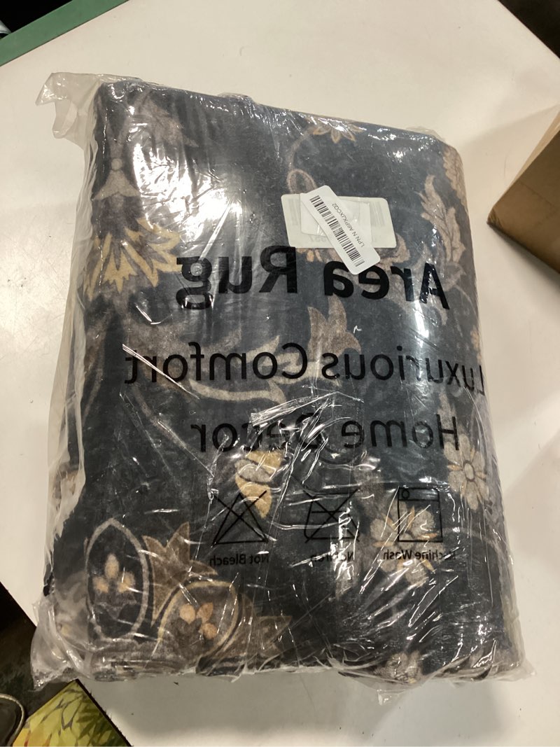 Condition photo showing Good Condition for Washable Area Rug 5x7, Low Pile Black Floral Rug for Bedroom, Soft Vintage Rugs for Living Room, Boho Stain Resistant Floor Carpets for Dining Room Home Office(5'x7',Black) Black 5'x7'