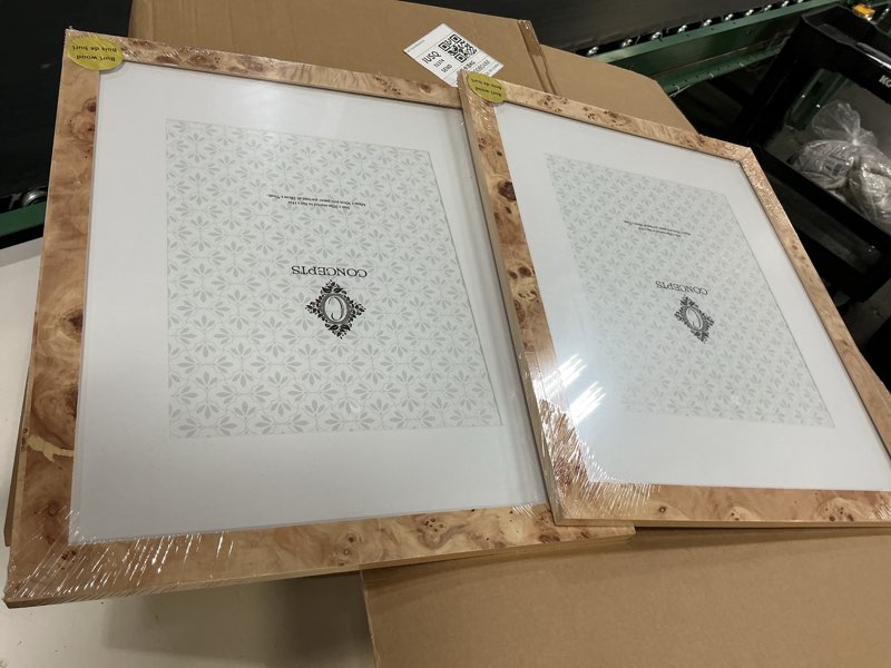 Condition photo showing As Is for concepts set of 2-16x20 matted to 11x14 and 8x10 burl wood picture frames - natural wood finish picture frames for family photos - elegant wallhung decor in bulk natural 16x20