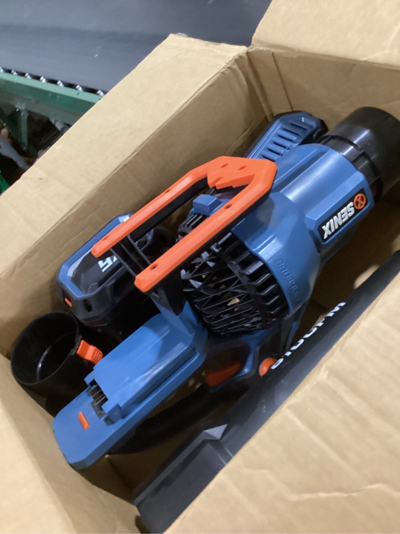 Condition photo showing As Is for senix leaf blower cordless, 60v max 1300w brushless electric leaf blowers, 810 cfm & 170 mph, stepless speed, cruise control, 60v 4.0ah battery & charger included,blowers for lawn care, yard, garden 810 cfm with 4.0ah battery