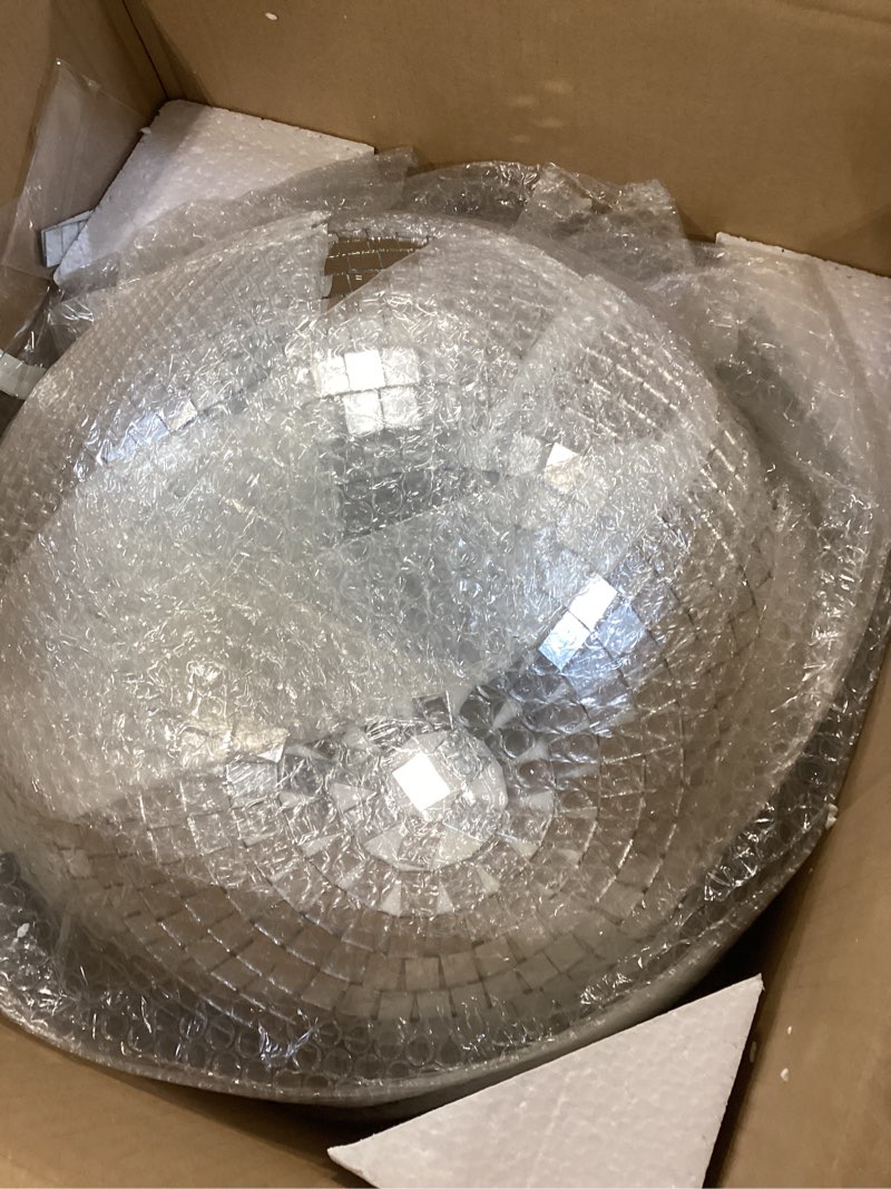 Condition photo showing Good Condition for large disco ball, 16 inch mirror ball for disco party decorations, silver big haning disco ball decor ornaments with hanging ring for easy installation for dj club stage bar wedding