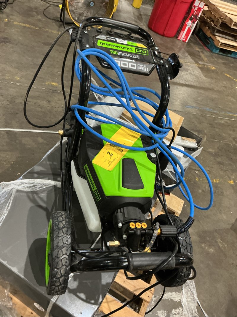 Condition photo showing As Is for greenworks 3000-psi 2.0-gpm cold water electric pressure washer with 5 spray tips