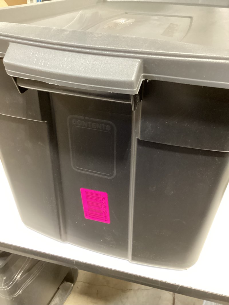 Condition photo showing Good Condition for rubbermaid roughneck tote 31 gallon stackable storage container with stay tight lid & easy carry handles, black/cool gray