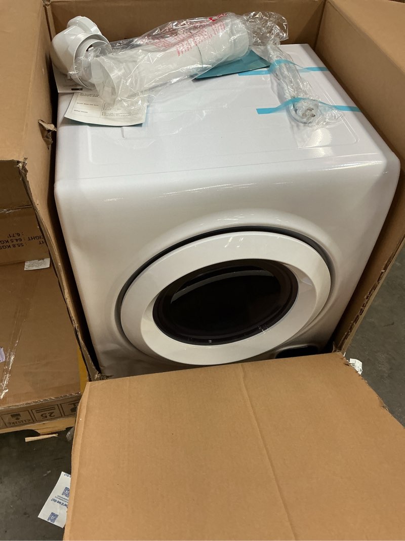 Condition photo showing As Is for euhomy compact laundry dryer, 3.5 cu ft front load stainless steel clothes dryers with exhaust pipe, 1500w, lcd control panel four-function portable dryer for apartments, home, dorm, white