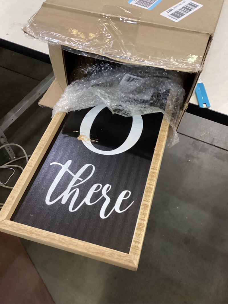 Condition photo showing As Is for Oh Hello There Outdoor Welcome Sign For Front Porch Standing 45"X9" Large Rustic Farmhouse Vertical Tall Long Wooden Framed Outside Front Door Home Wall Decoration (Wood Black) Oh Hello There Outdoor Welcome ?Wood Black)