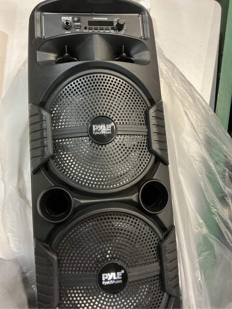 Condition photo showing New/Like New for pyle portable bluetooth pa speaker system - 600w rechargeable outdoor bluetooth speaker portable pa system w/ dual 8” subwoofer 1” tweeter, microphone in, party lights, usb, radio, remote - pphp2835b