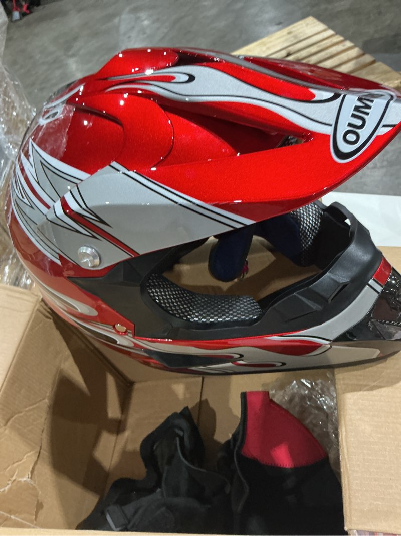 Condition photo showing Good Condition for oumurs adult motocross dirt bike helmet with goggles, gloves & mask dirt bike atv helmet for unisex-adult men women adjustable sun visor dot/fmvss-218 off-road motorcycle helmet utv helmet downhill new red flame medium