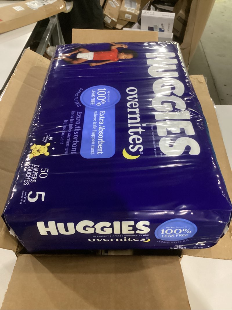 Condition photo showing New/Like New for huggies size 5 overnites baby diapers: overnight diapers, size 5 (27+ lbs), 100 ct (2 packs of 50), packaging may vary size 5 100