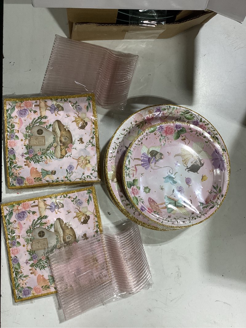 Condition photo showing Good Condition for 192 pcs fairy party tableware set (serves 48 guests), plates, napkins, forks, enchanted garden theme for 1st birthday, baby shower, girls fairy party decorations floral