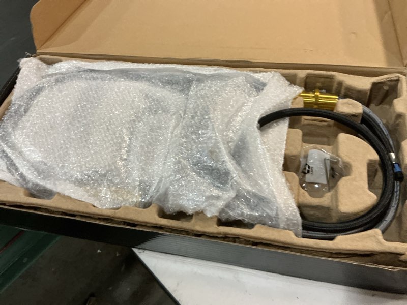 Condition photo showing New/Like New for KRAUS Torak Pull Down Kitchen Faucet in Spot-Free Brushed Brass/Matte Black with 2 Function Sprayer, Pre-Attached Water Lines, and Mounting Hardware, KPF-2840SFBBMB Spot Free Brushed Brass/Matte Black Pull-Down Faucet