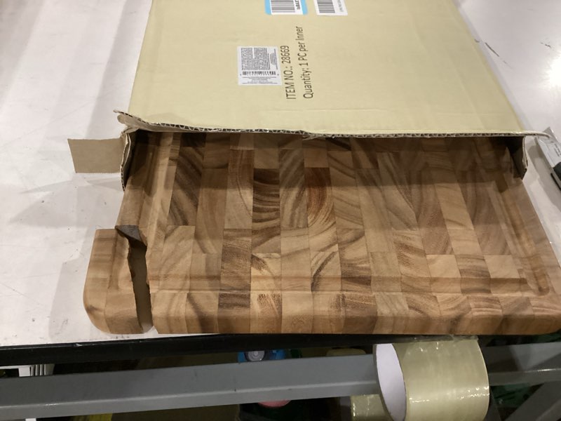 Condition photo showing As Is for ironwood gourmet charleston end grain board with channel, acacia wood brown 20 x 14 inches