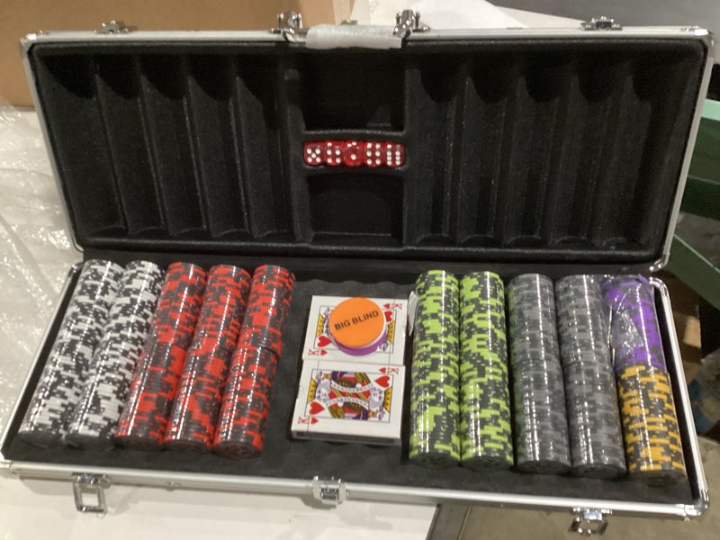 Condition photo showing Good Condition for ORIENGEAR Poker Chip Set with Denominations, 500 PCS 14 Gram Clay Composite Casino Chips with Aluminum Case, 2 Decks of Cards and Game Tablecloth, for Texas Holdem Blackjack Gambling Games