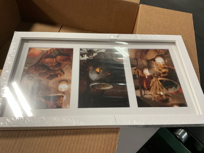Condition photo showing As Is for Golden State Art, 9x18 White Wood Frame - White Mat for Three 5x7 Pictures - Sawtooth Hangers- Swivel Tabs - Wall Mounting - Landscape/Portrait - Real Glass - Collage Frame, 1 Pack