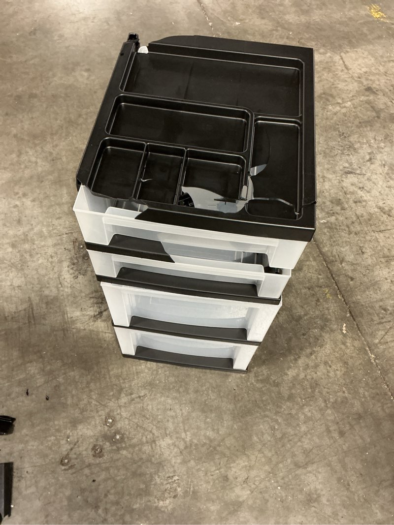 Condition photo showing As Is for office depot medium plastic storage cart, 4 drawers, 26 7/16in.h x 12 1/16in.w x 14 1/4in.d, black, 116813