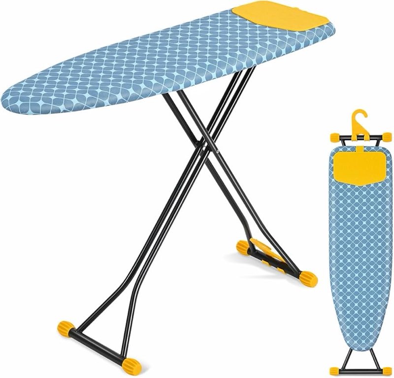 apexchaser ironing board with iron rest, compact and space saver iron board, extra thick cover, height adjustable, wall mount & closet hanger 13x43 yellow