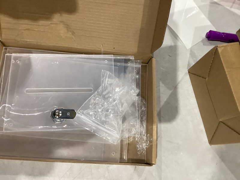 Condition photo showing New/Like New for uniclife tall acrylic donation box with lock, 6.7" x 5" x 8", clear suggestion box with slot and lock, ballot box with sign holder, plastic raffle box storage container for fundraising voting charity
