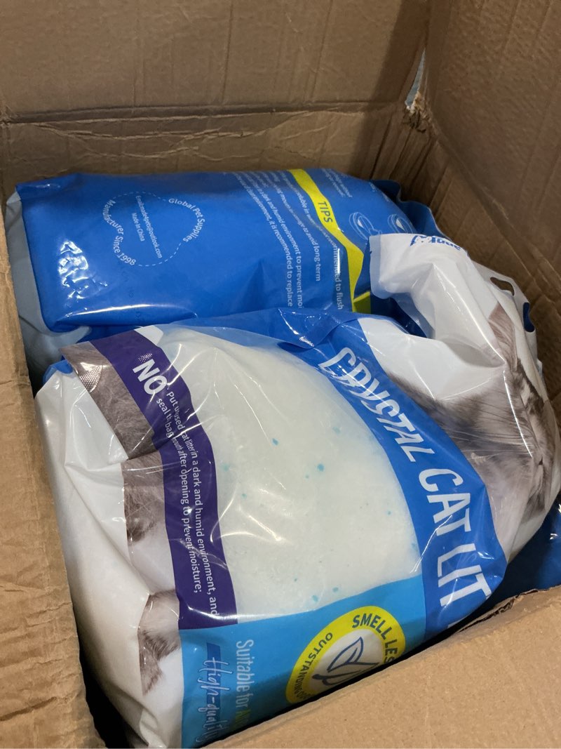 Condition photo showing As Is for made4pets cat litter crystals, non clumping cat litter odor control kitty litter non clumping no scooping low dust, low tracking, lightweight, dehydrates waste,– 25.8 lbs (6 x 4.3 lb packs) unscented 6 pack