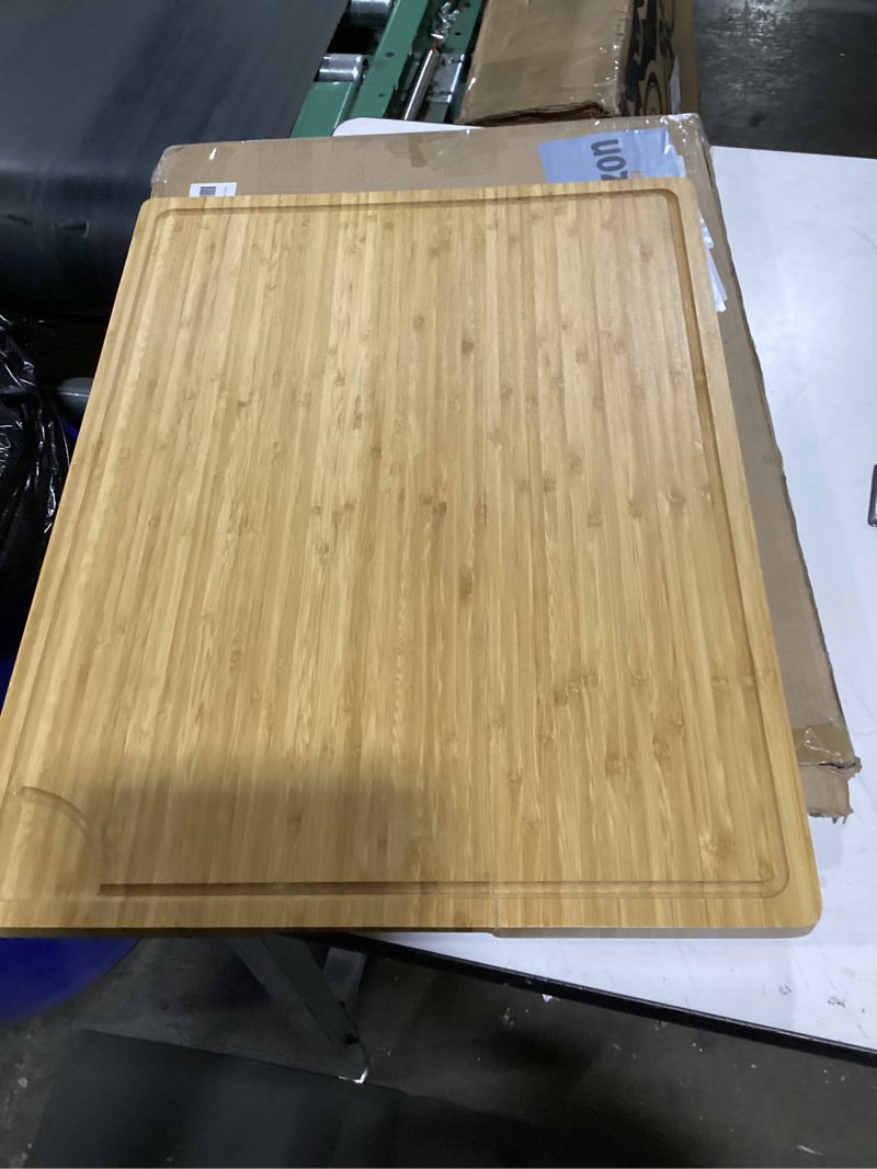 Condition photo showing As Is for garveehome 24 in extra large bamboo cutting board for kitchen, heavy duty wood kitchen stovetop cover chopping board with side handles and juice groove, 100% organic bamboo 24"l x 18"w