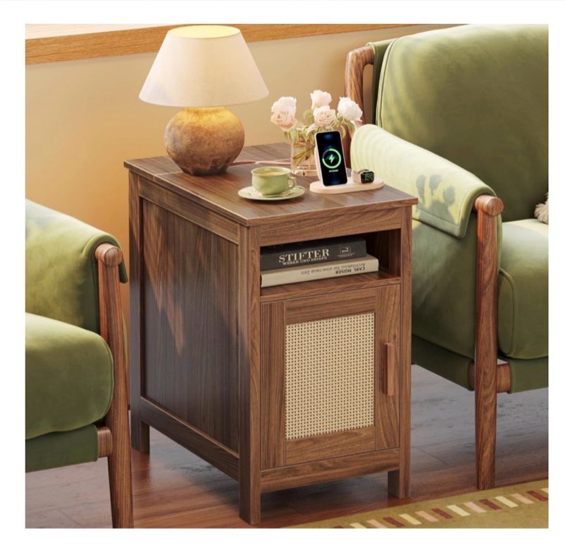 Huuger Narrow Night Stand, End Table with Charging Station, USB-C Port, Rattan Side Table with Cabinet and Open Shelf, Synthetic Rattan, for Small Spaces, Bedroom, Walnut