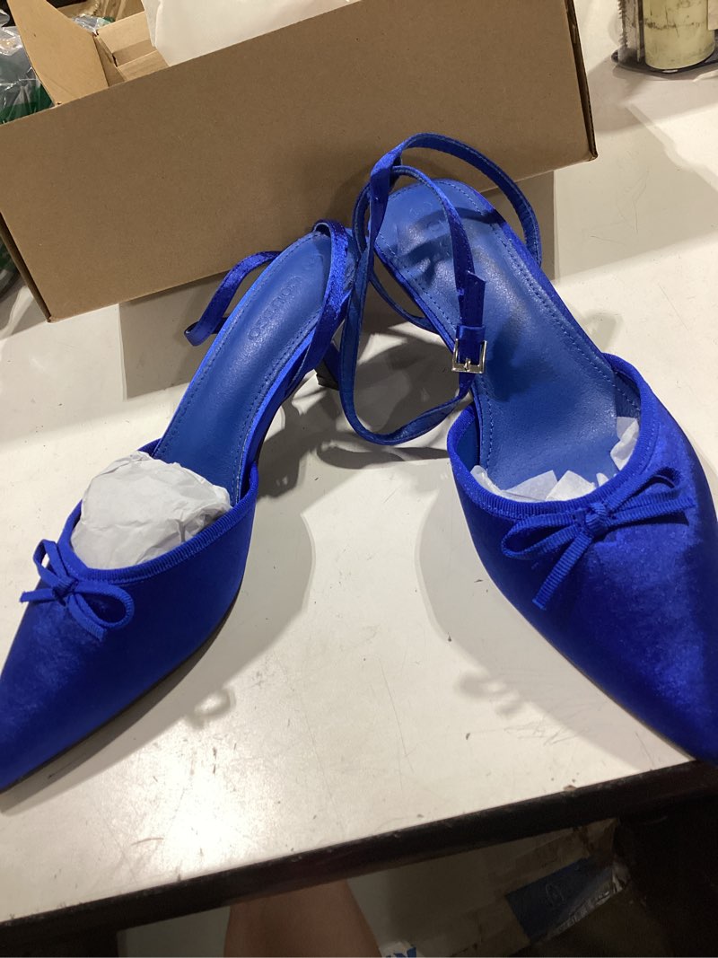 Condition photo showing Good Condition for coutgo satin kitten low heels with bow closed pointed toe short pumps dress wedding party shoes 8.5 blue